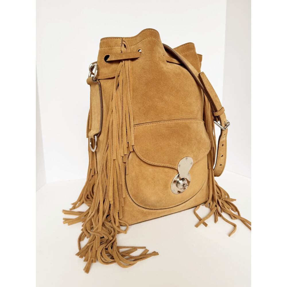 Ralph Lauren Ricky Fringe Bucket Bag Suede Camel Leather Drawstring Crossbody - Picture 5 of 16